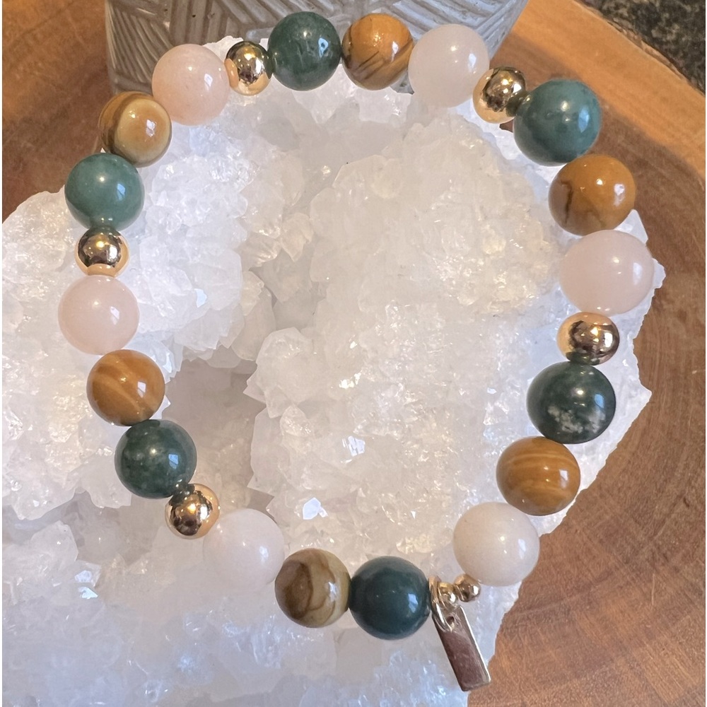 Gemstone Bracelet✨ Woodgrain Jasper, Pink Opal and Moss Green Agate✨